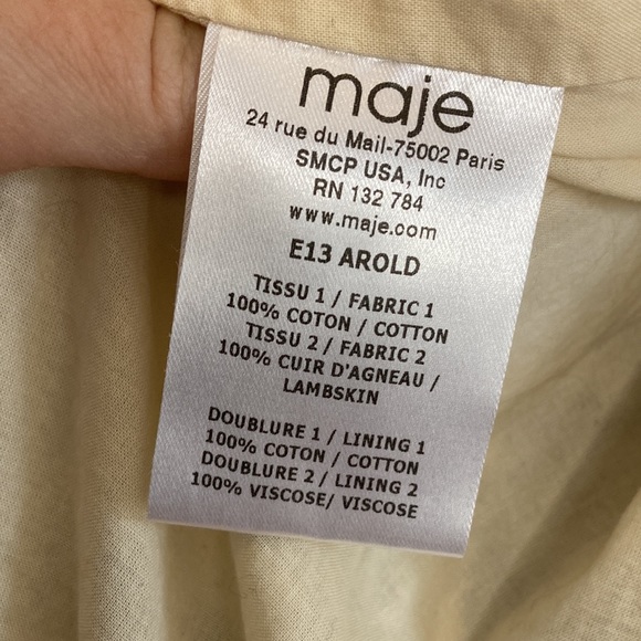 Maje Jacket Womens Small Gray Cream Cotton Striped Cropped Blazer Leather Trim - Picture 12 of 14